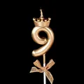 Elegant golden number 9 birthday candle with crown and gold bow detail for cakes - Crown Bow Number 9 / Champagne