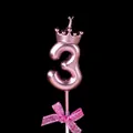 Metaalroze verjaardagskaars nummer 3 met kroon en roze strik decoratie voor taart - Kroon Strik Nummer Kaars - Roze - 3