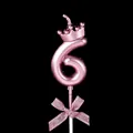 Metallic pink numeric 6 birthday cake candle with crown topper and glitter bow decoration - Crown Bow Number Candle - Pink - 6