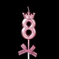 Pink glitter number 8 birthday cake candle with crown and bow, size 5.3cm height - Crown Bow Number Candle - Pink - 8