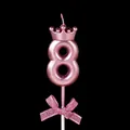 Roze glitter verjaardagskaars nummer 8 met kroon en strik, hoogte circa 5,3 cm - Kroon Strik Nummer Kaars - Roze - 8