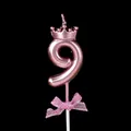 Rose gold metallic number 9 birthday candle with crown topper and cute pink bow decoration - Crown Bow Number Candle - Pink - 9