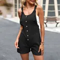 Casual black cotton linen romper with front buttons and knotted straps - XL / Top And Bottom / Upgrade Version / Black