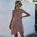 Red floral print wrap mini dress with thin spaghetti straps and irregular ruffle hem - S / Tops / Burgundy
