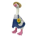 Decorative 7-inch white goose figurine in a blue Mexican-style apron with a straw hat - Male Gardener Style