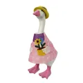 Adorable 7-inch white goose figurine wearing a pink floral dress and yellow straw sun hat - Female Gardener Style