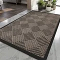 Modern brown textured non-slip doormat with geometric pattern and black border - Woven Stripes - Linen Brown