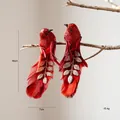 Two red glitter foam feather bird Christmas tree ornaments with silver leaf patterns, 16cm - Style B / 2 Pcs/Set / Red