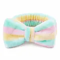Soft pastel striped coral fleece bow headband for face washing and skincare SPA treatment - Rainbow Stripes