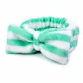 Soft green and white striped coral fleece bow headband for spa and skincare face washing - Green and White Striped