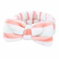 Soft coral fleece headband with pink striped bow for spa and face washing - Stripe Style 1