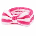 Soft coral velvet bow headband with pink and white stripes for face washing and SPA - Rose Red Striped