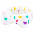 White coral fleece spa headband with large bow and colorful heart print for washing face - Heart Printed