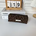 Leopard print corduroy pencil case with secure zipper closure and MAY RABBIT brand tag label - Corduroy Green Base Large Leopard