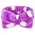Soft purple coral fleece headband with white polka dots and a large decorative bow. - Purple Polka Dot