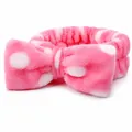 Soft pink and white polka dot coral fleece headband with a large plush bow decoration - Pink Polka Dot