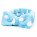 Light blue coral fleece spa headband featuring white polka dots and a large decorative bow - Blue Polka Dot