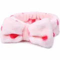 Soft plush pink coral fleece headband with dark pink polka dots and large bow tie - Polka Dot Style 2