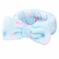 Soft light blue coral fleece bow headband with pink polka dots for spa and skincare - Print 4