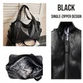 Black vintage PU leather tote bag with large capacity and single zipper - Single Zipper Style / Black