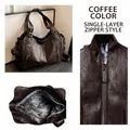 Vintage coffee brown faux leather tote bag featuring a single zipper compartment design - Single Zipper Style / Coffee