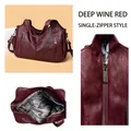 High-capacity wine red vintage leather tote bag featuring a single-layer zipper design - Single Zipper Style / Burgundy