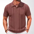 Classic men's short sleeve knitted polo shirt in brown featuring vertical ribbed texture - M / Tops / Brown