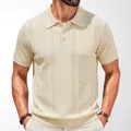 Classic men's beige short sleeve knitted polo shirt featuring a ribbed texture and chest pocket - 3XL / Tops / Khaki