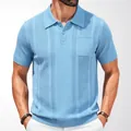 Premium men's short sleeve knitted polo shirt in light blue with vertical texture stripes - M / Tops / Blue