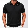 Men's summer short sleeve half-zip knitted Polo shirt in black with white contrast tipping - M / Tops / Black