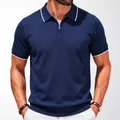 Navy blue half-zip knitted polo shirt with white contrast tipping on collar and cuffs - M / Tops / Navy Blue