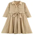 Elegant khaki poplin shirt dress featuring a belted waist and chest pockets - XS / Tops / Camel