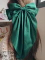 Large emerald green satin bow hair clip with long flowing ribbons for back of head - Dark Green