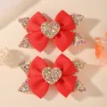Pair of cute girls' red ribbon hair bows with glitter heart centers for hair styling. - Sequin Heart Bow (2A-12) / 2 Pcs/Set / Red