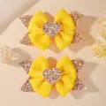 Adorable pair of yellow grosgrain ribbon bow hair clips with sequin hearts for girls - Sequin Heart Bow (2A-10)