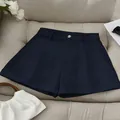 Short trapèze bleu marine à taille haute pour femme, tenue d'été - Bleu marine