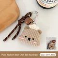Süßer braun karierter Bär-Plüsch-Schlüsselanhänger mit Kochmütze und Glockendetail - 4# Karrierter Chef-Bär Glocke Schlüsselband
