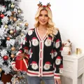 Detail of women's Christmas cardigan featuring Santa Claus jacquard patterns and red gift - S / Tops / Black
