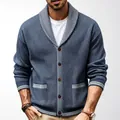 Men's retro washed denim blue knit cardigan with shawl collar for casual spring wear - M / Tops / Navy Blue