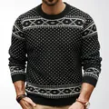 Retro Nordic Fair Isle pattern crewneck sweater with thick jacquard knit for winter - 3XL / Tops / Black