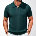 Modern dark green men's knitted Polo shirt featuring half-zipper and textured geometric pattern - M / Tops / Green
