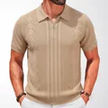 Premium men's khaki knitted half-zip polo shirt featuring a unique zigzag textured pattern - M / Tops / Khaki