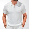 Men's business casual white knitted polo shirt with half-zip and textured zigzag patterns. - M / Tops / White