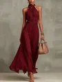 Sophisticated burgundy halter neck pleated maxi dress featuring a high-waisted flowing skirt. - 3XL / Tops / Solid Red