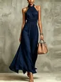 Elegant navy blue halter neck pleated maxi dress perfect for formal evening events. - 3XL / Tops / Solid Navy Blue