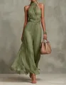 Elegant olive green pleated halter maxi dress with cinched waist for women's fashion - 3XL / Tops / Green