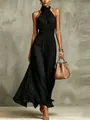 Elegant black pleated halter maxi dress for sophisticated women's evening fashion wear - 3XL / Tops / Solid Black