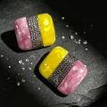 Vintage color-blocked rectangular earrings featuring pink and yellow marble textures. - Pink & Yellow Rhinestone Color-block Earrings (2608101) / Pink & Yellow Contrast