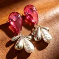 Vintage magenta resin teardrop earrings with silver charms and white pearls on leather - Pink Teardrop Artificial Pearl Earrings (2608099)