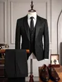 Elegant black jacquard three-piece tuxedo suit for men's formal banquet and wedding events - S / Set / Black